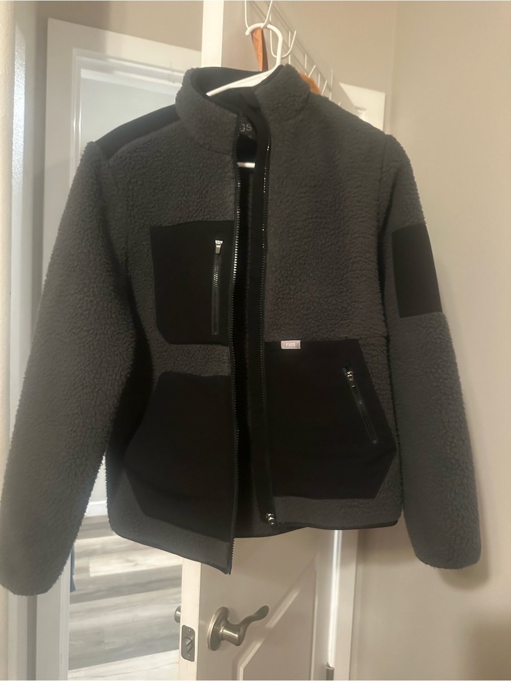 Figs Men's Dark Gray Sherpa Jacket with Black Patches